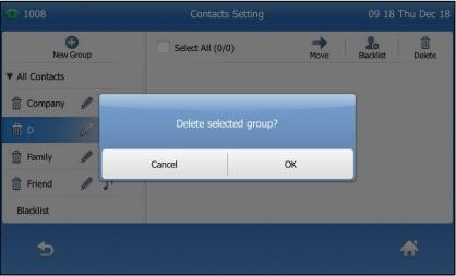Editing Groups 1. Tap. The IP phone enters the local directory directly as there is only Local Directory enabled in the directory by default. 2. Tap Setting. 3. Tap the desired group. 4.