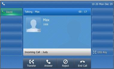Answering when in another call If you have an active call, and an incoming call arrives on your phone, the incoming call information is displayed on the touch screen. Press or tap the Answer soft key.