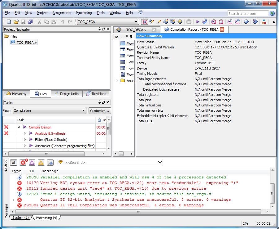 Verilog code in the Text Editor window. Similarly, the Compiler may display some warning messages. Their details can be explored in the same way as in the case of error messages.