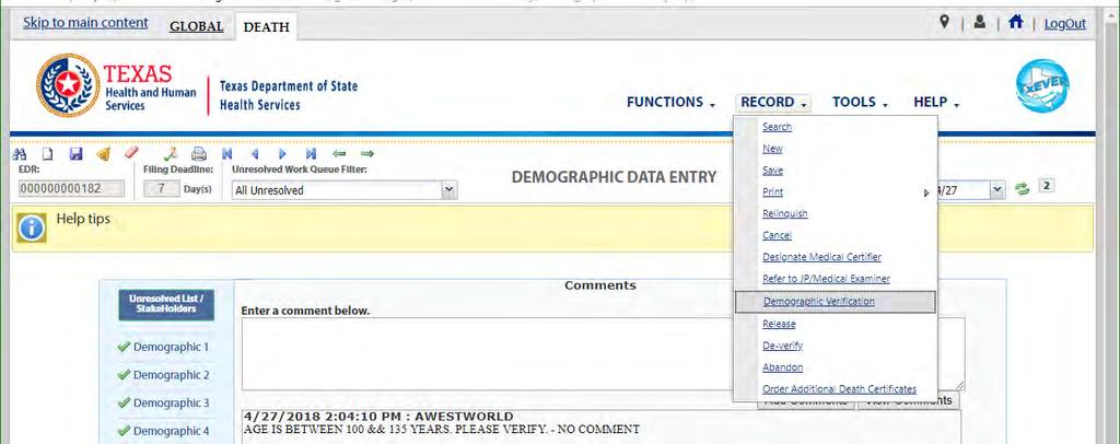 The System will return to the Demographic Data Entry screen after ordering the