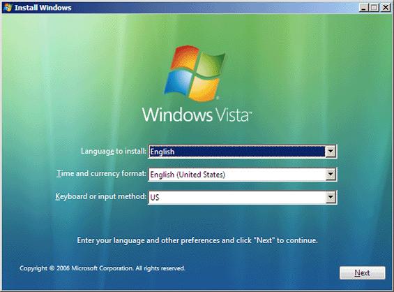 Installing Windows Vista 33 With Windows Vista you will proceed through the following set of screens: First, you have to specify your language and other regional preferences.