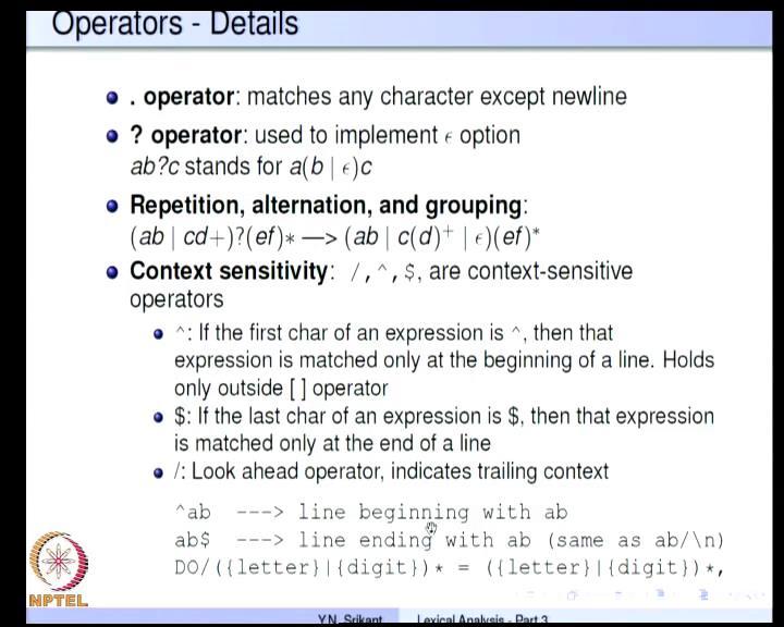 (Refer Slide Time: 23:03) There is dot operator, which matches any character except newline and question mark operator is used to implement the epsilon or null string option.