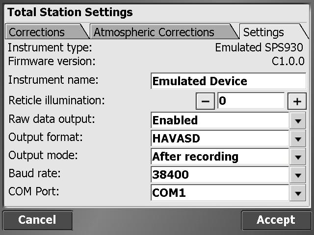 10 Measuring with a Total Station 3. Tap the Settings tab: 4. Enable the Raw data output option. 5. In the Output format list, select either HAVASD raw data or XYZ coordinates.