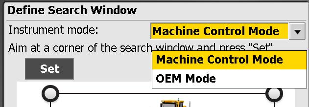 11 Machine Control Setting up for machine control From the Home menu, tap Total Station / Machine Control Setup: If the instrument has the OEM option installed, an OEM Mode is available.