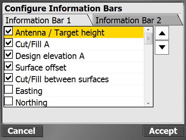4 Measurement screen Configure Information Bars You can select which values are displayed and the order they are displayed on the two information bars through the Configure Info Bars option,