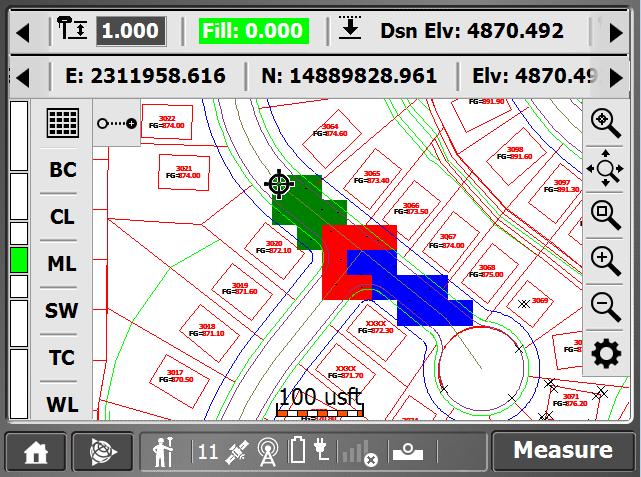6 Measurement Workflows Checking a grade/elevation Measure a surface point at a location where you want to view and record the difference in elevation between the design surface and the actual ground.