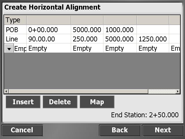 7 Volume and COGO Creating an alignment Tap the Create/Edit Roadway alignment icon. A tabular entry screen appears to enter the geometry for the horizontal and optional vertical alignment.