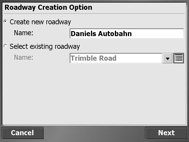 If roads already exist in the current design that were created in the SCS900 software, you are prompted to choose to edit an existing road or create a new one: The following table shows the record