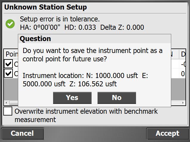 Measuring with a Total Station 8. To change the instrument elevation by shooting in a benchmark point, select the Overwrite instrument elevation with benchmark measurement check box.