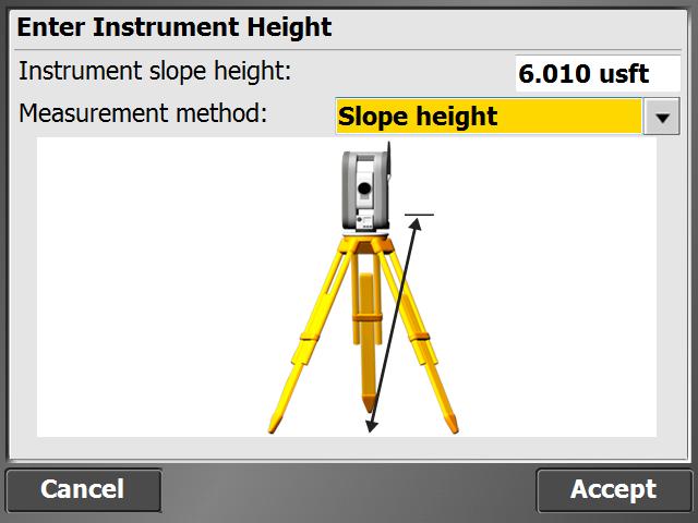 Measuring with a Total Station The instrument height can be measured in two ways: a vertical height from the ground surface to the center crosshair mark on the side of the instrument the slope