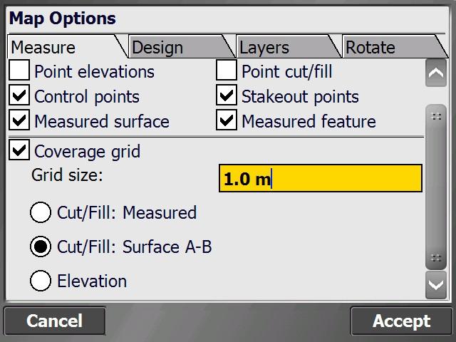 Measurement screen Map Options: Measure tab Use the Measure tab to filter the different measured data that is being displayed: Select this option Point names Point elevations Control points Measured