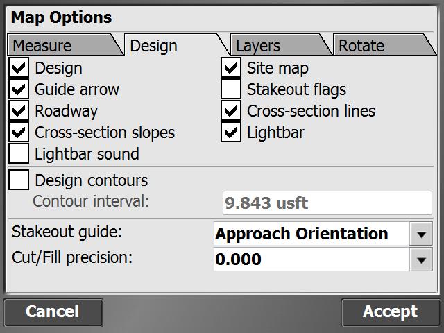 Measurement screen Map Options: Design tab Use the Design tab to filter the different design data types that are displayed: Select this option Design Guide arrow Roadway Display cross-section