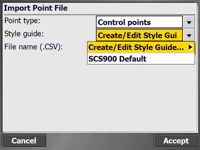 Data Management Importing and exporting point files with style guides The SCS900 software enables you to import and export comma, tab, or semicolon delimited ASCII point files in the SCS900 default