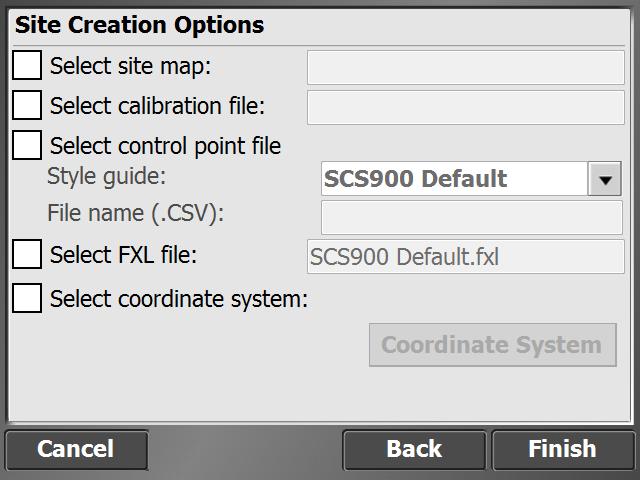 Data Management When creating a site on the controller, you can import or measure a site calibration or use a published coordinate system from the coordinate system manager.