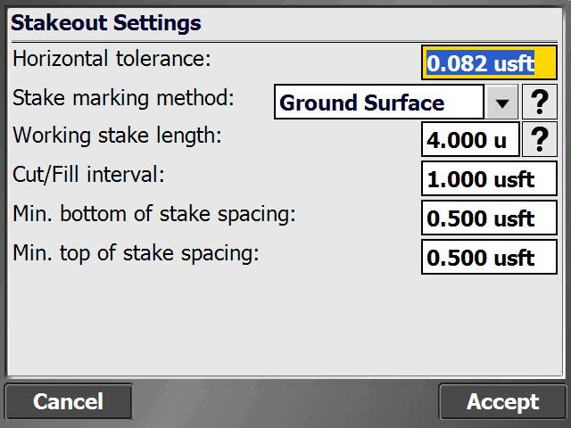 Stakeout Workflow Stakeout Settings To access these settings, from the map screen, select the Trimble icon menu when in Stakeout mode and then tap Settings / Stakeout Settings.
