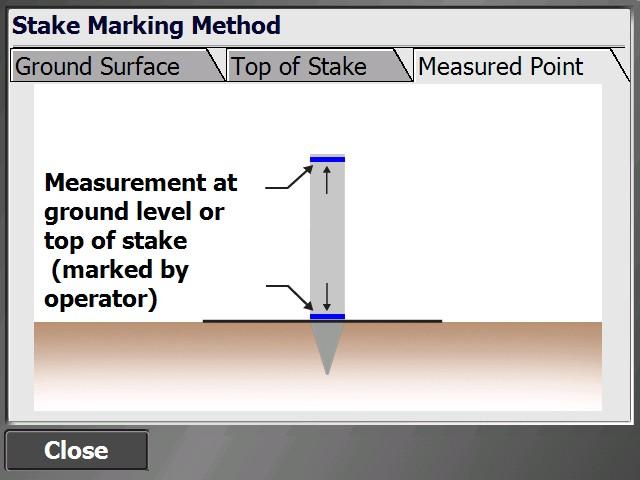 Stakeout Workflow Measured Point This method enables you to label a grade stake with the required cut depth or fill height as measured from the measured point, which can be either the top of stake or