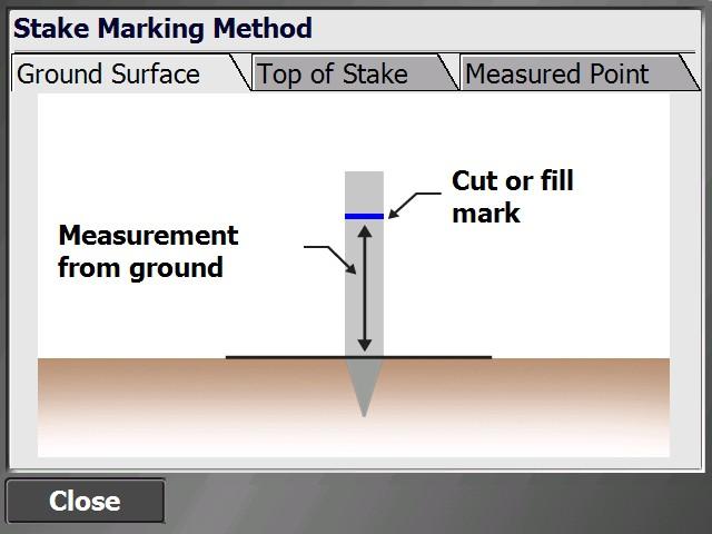 If you choose to mark the stake with the cut depth or fill height as referenced to the measured point, the software simply informs you of the direct cut or fill measurement from that point.
