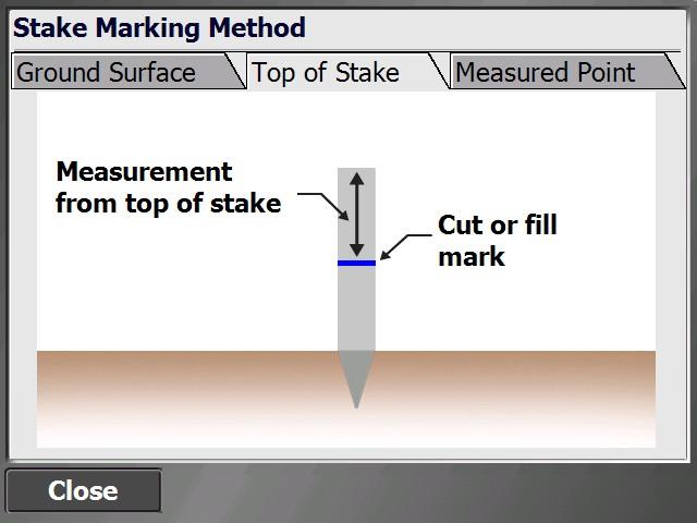 Stakeout Workflow Top of Stake With this method, the software guides you to the horizontal location of the stakeout point. You then hammer the stake into the ground and measure the top of the stake.