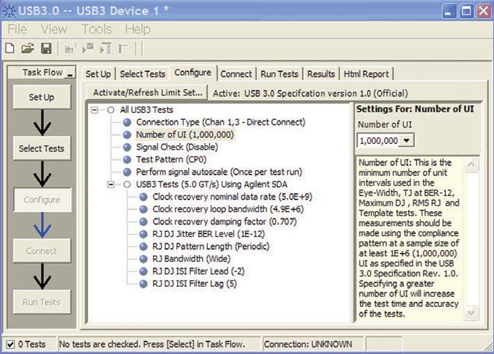 Configurability and Guided Connections The U7243A USB 3.0 electrical test software provides flexibility in your test setup.