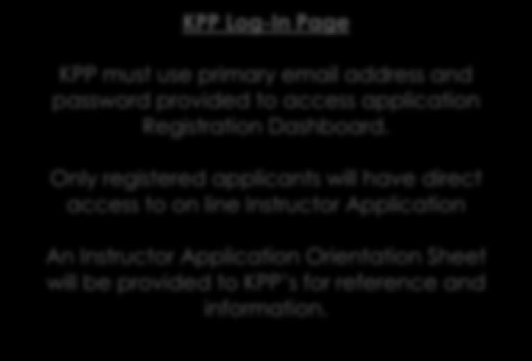 KPP Log-In Page KPP must use primary email address and password provided to access application Registration Dashboard.