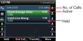 Call color indicates call status: Dark Green: Active call. Bright Blue: Incoming call. Dark Blue: Held call. Use the up and down arrow keys to select a call (highlight it).