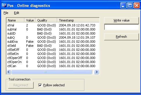 1MRS755564 COM600 Station Automation Series External OPC Client Access 3.1 pos_dpc_online_diagnostics.jpg Figure 3.4-4 OPC items of Pos data object monitored with CET online diagnostics.