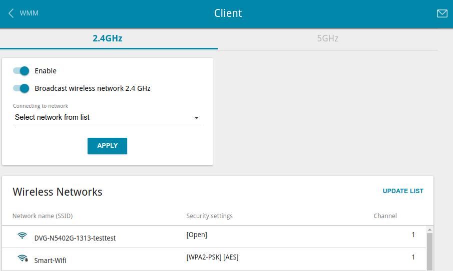 Client On the Wi-Fi / Client page, you can configure the router as a client to connect to a wireless access point or to a WISP. Figure 103. The page for configuring the client mode.