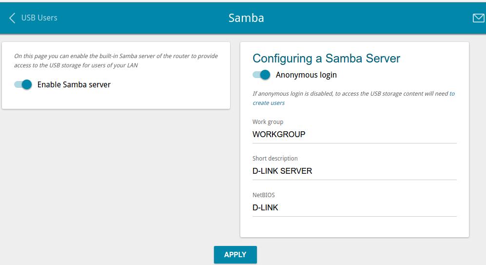 Samba On the USB Storage / Samba page, you can enable the built-in Samba server of the router to provide access to the USB storage for users of your LAN. Figure 111. The USB Storage / Samba page.