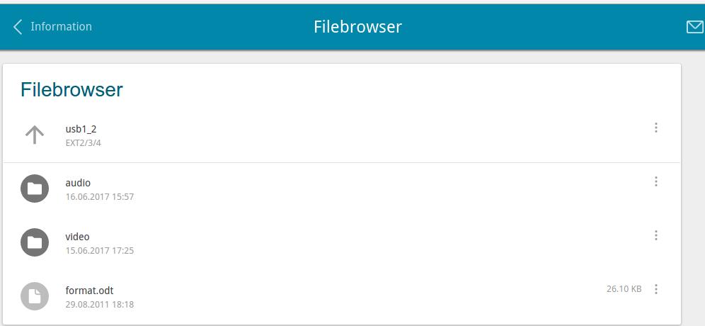 Filebrowser On the USB Storage / Filebrowser page, you can view the content of your USB storage connected to the router and remove separate folders and files from the USB storage. Figure 113.