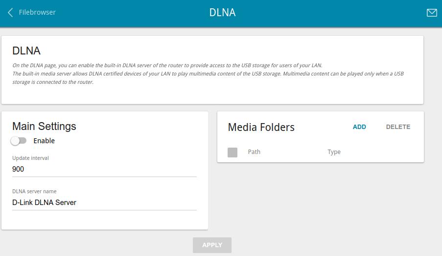 DLNA On the USB Storage / DLNA page, you can enable the built-in DLNA server of the router to provide access to the USB storage for users of your LAN.