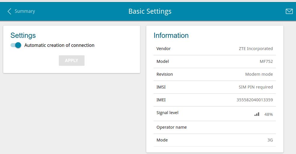 Basic Settings On the USB modem / Basic Settings page, you can view data on the USB modem connected to the router and enable/disable the function for automatic creation of 3G/LTE WAN connection upon