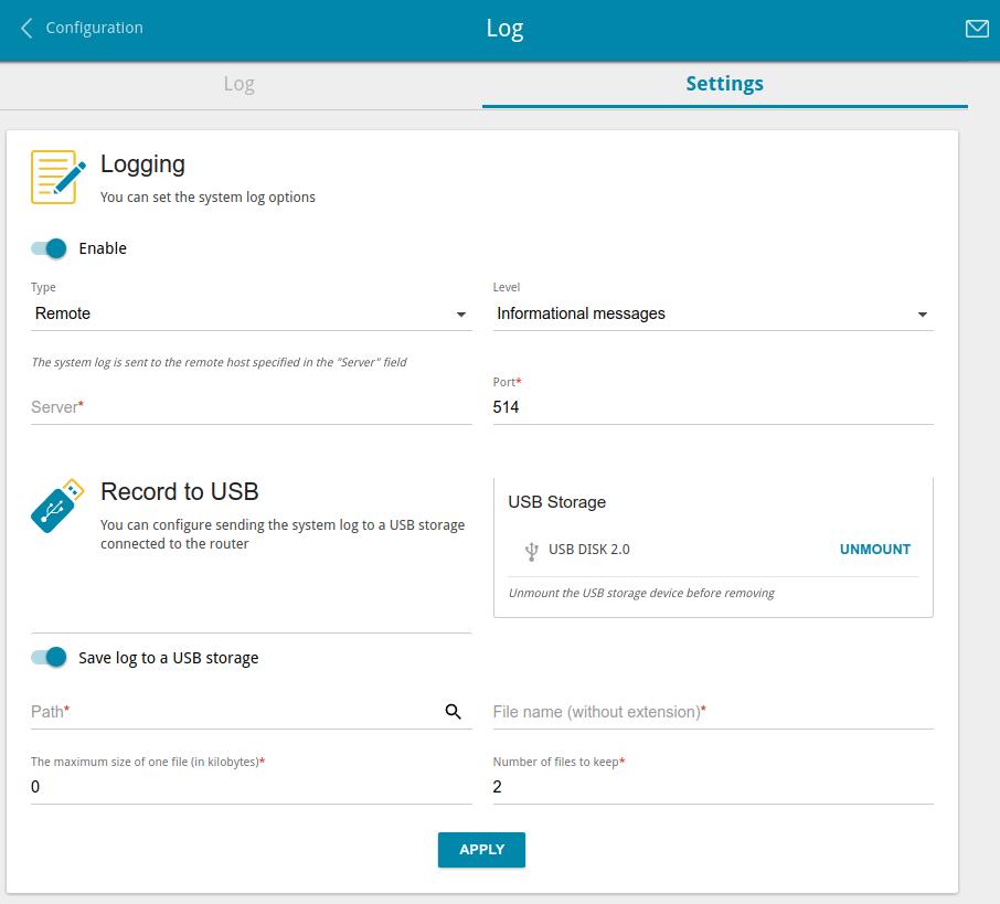 Log On the System / Log page, you can set the system log options and configure sending the system log to a remote host and/or a USB storage connected to the router. Figure 160.