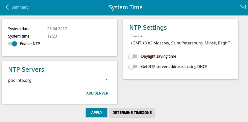 System Time On the System / System Time page, you can manually set the time and date of the router or configure automatic synchronization of the system time with a time server on the Internet.