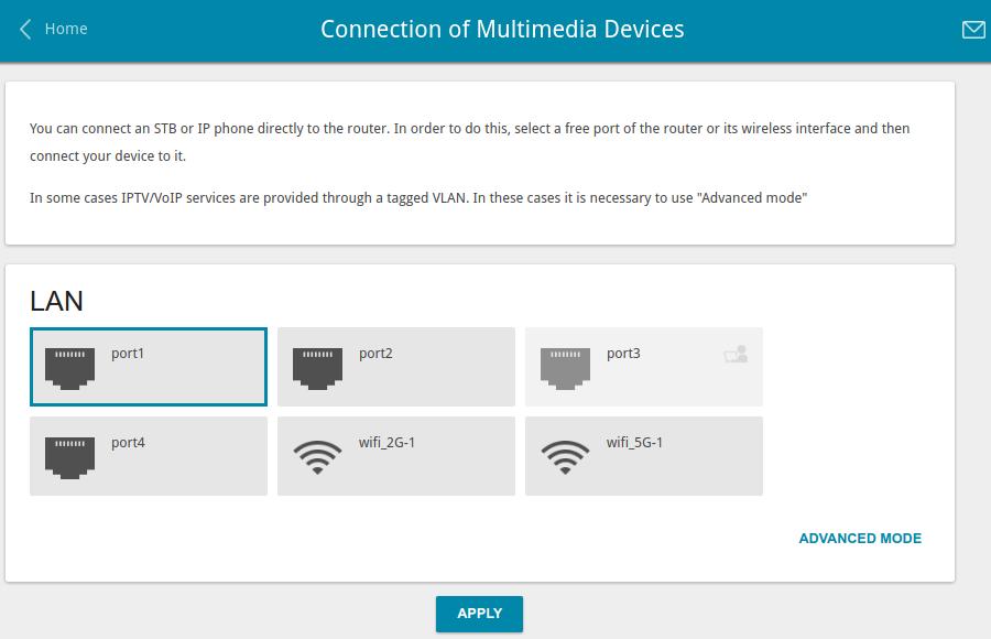 Connection of Multimedia Devices The Multimedia Devices Connection Wizard helps to configure LAN ports or available wireless interfaces of the router for connecting additional devices, for example,