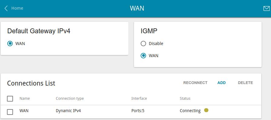 Connections Setup In this menu you can configure basic parameters of the router's local area network and configure connection to the Internet (a WAN connection).