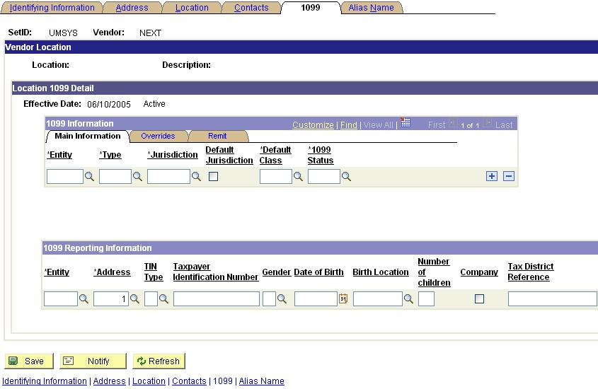 IV. Adding 1099 Information If the Vendor needs 1099 Information set up, this is the page in the vendor record to input the information.