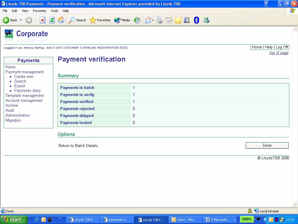 4. The Payment verification screen is displaying the number of payment instructions within the batch, the number of