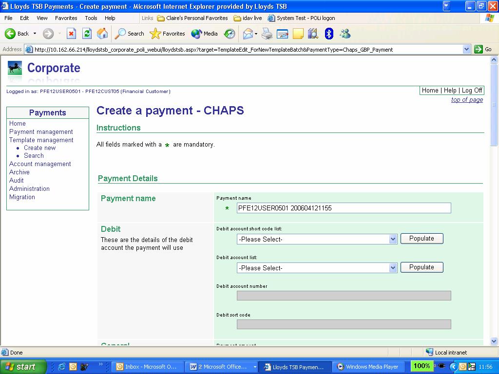 2. Click Select against the required payment type and the following screen is displayed, for this example CHAPS has been selected.