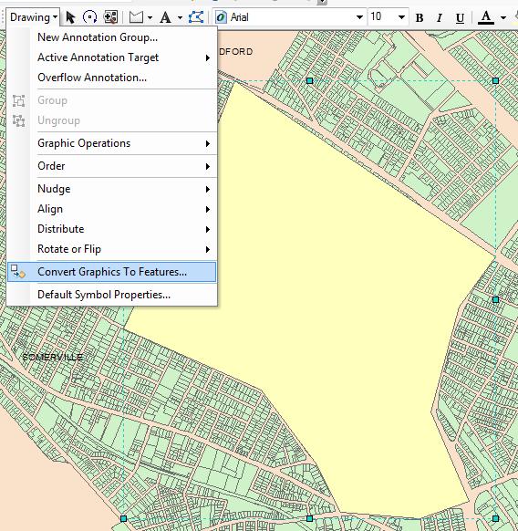 5. When you have the area set the way your want, click on DRAWING and choose Convert Graphics To Features