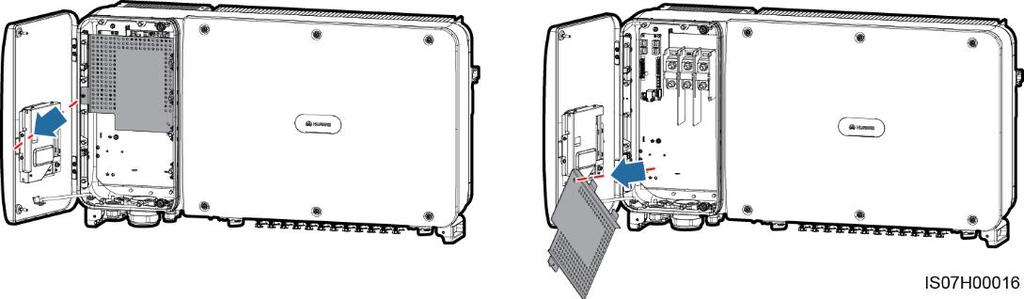 1. Loosen the screws on the maintenance compartment door. 2. Open the maintenance compartment door and install the support bar. 3.