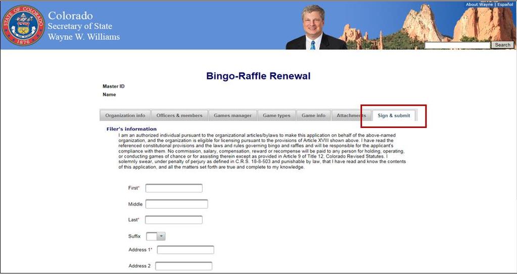 Sign & submit Sign & submit to complete your renewal. The Filer s information includes, name and address.