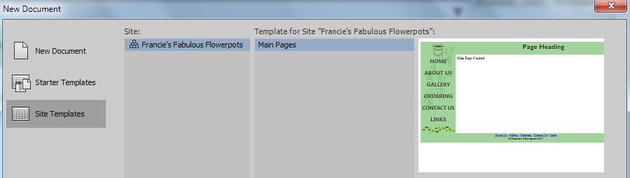Exercise 1 Creating a List 1) Select New from the File menu ( [Ctrl] [N] ). 2) Select the Page From Template option on the left. 3) Select the Main Pages template from the Fancie s Flowerpots site.