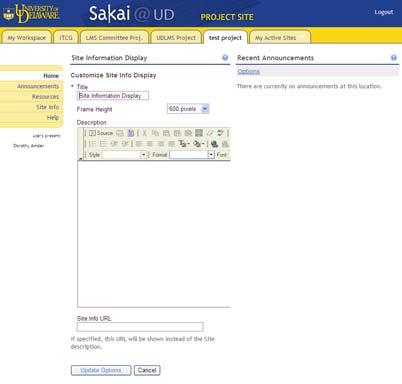 Navigation To move from tool to tool in Sakai@UD, click the tool s name in the site menubar.