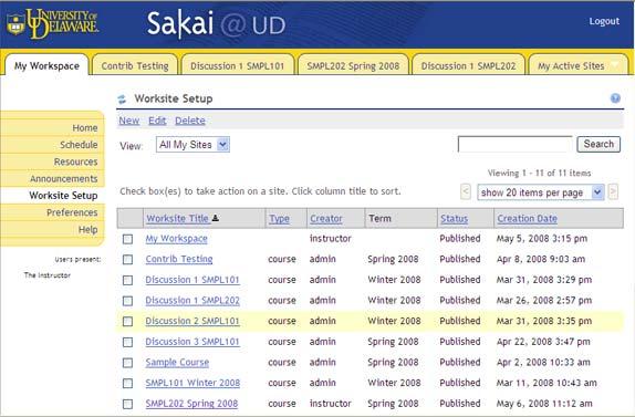 Create a project site To begin working with a project in the Sakai@UD LMS, you must first