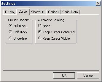 Cursor 15 Cursor Cursor options are provided for easy identification of input fields. You may configure cursor type and auto-scrolling options for the client.