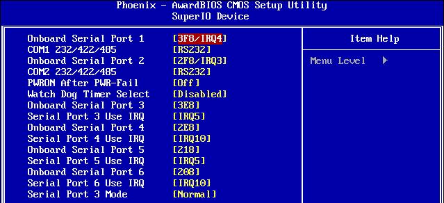 2.1 BIOS settings 2.1.1 MPC-21W3 RS232/422/485 setting by BIOS The COM port setting of MPC-21W3, which applies for EBM-945GSE M/B, can be configured by BIOS; the path is shown as below.