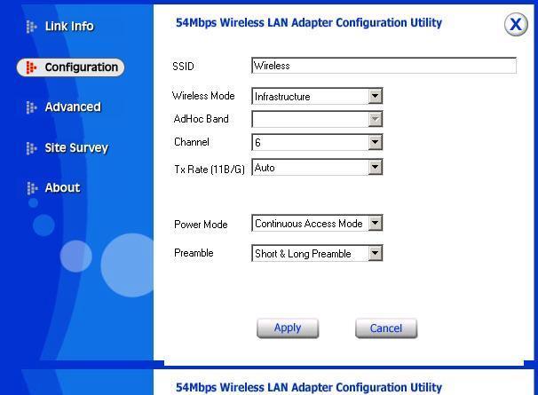3.2 Configuration In this screen, you can configure the wireless settings of WL-3560. After configuration, please press Apply to save settings or Cancel to set again.