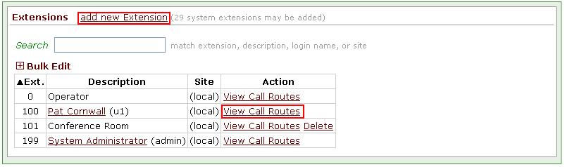 15 Call Routing System Administrator s Guide Release 7.4 The Phone System / Extensions page displays User and System extensions. Some special purpose routing of calls to these extensions is possible.