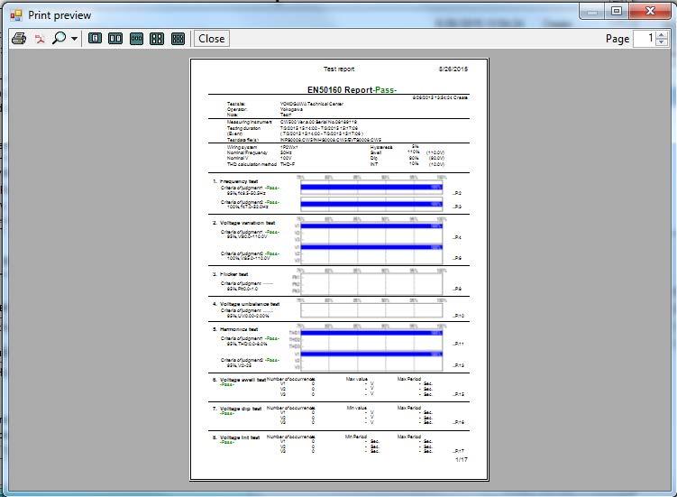 7. Set the header or footer, and click OK. A print preview appears. Shows the print window Saves as PDF data Zooms the preview Changes the preview format 7 Outputting Voltage Quality Reports 8.