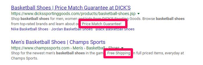 Besides including relevant keywords in the meta description of each product page, you can also add phrases such as Free Shipping or Price Match Guarantee to maximize the click-through rate (CTR.